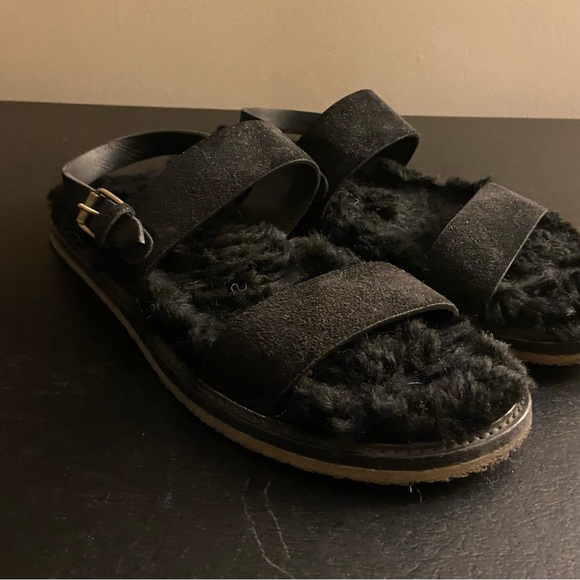 Saint Laurent black leather fur insole sandals sz 10 - Picture 2 of 13